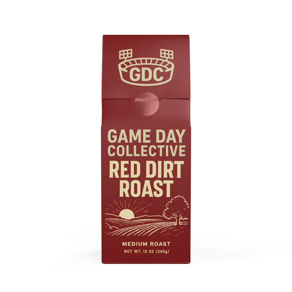 Red box of Game Day Collective Red Dirt Roast coffee on a white background